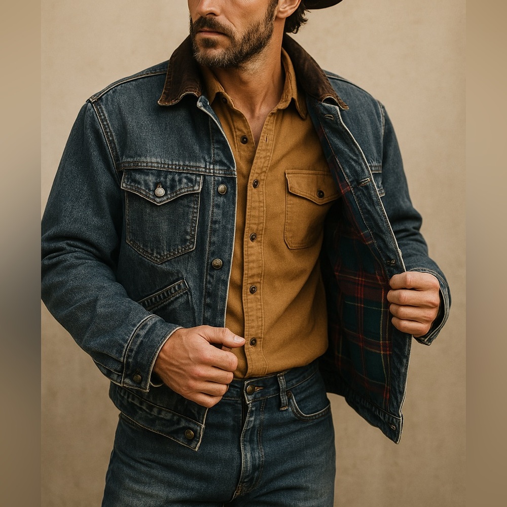 Vintage New River Denim Barn Rancher Trucker Jacket Wool Flannel Leather Collar